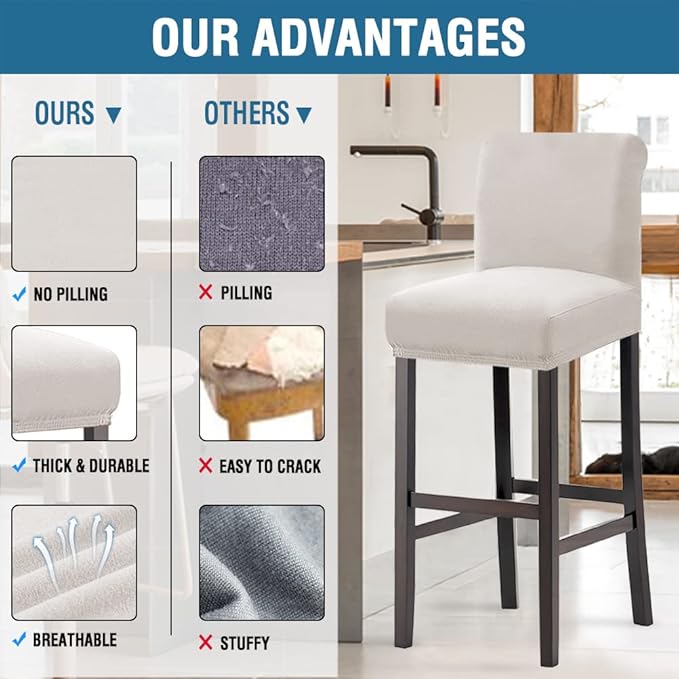 H.VERSAILTEX 100% Waterproof Bar Stool Cover Stretch Counter Stool Pub Chair Slipcover for Dining Room Removable Soft Thick Solid Fleece Fabric Bar Stool Slipcovers Set of 2, Ivory
