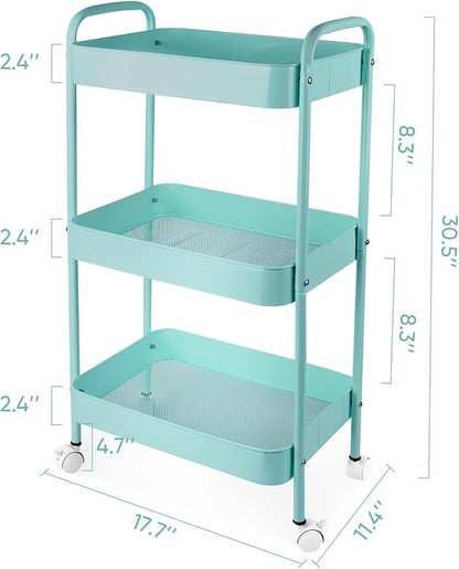 3 Tier Organizer Cart on Wheels, Metal Rolling Storage Cart with Wheels, Mobile Shelving Multifunction Storage Trolley with 4 Hooks fo Laundry Room Bathroom Kitchen Office, Green