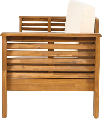 Christopher Knight Home Havets 3 Pieces Outdoor Acacia Furniture Set, Slat Panel Couch, Spacious Seating Armchair, 6" Thick Cushions Sofa and Coffee Table Set for Backyard Garden Balcony, Teak+Beige