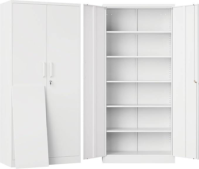 SISESOL Metal Storage Storage Cabinet with 5 Adjustable Shelves,White Metal Cabinet with Locking Doors,Steel Pantry Cabinet with Lock,71" Lockable Storage Cabinet for Home,Office,Garage,Kitchen,Shop