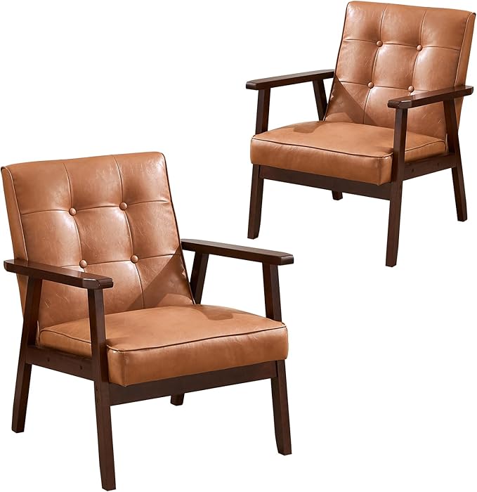 ANJ Mid Century Modern Accent Chair Set of 2 for Living Room, Tufted Faux Leather Armchair, Comfy Retro Bedroom Side Chair with Dark Wood Frame, Orange Brown