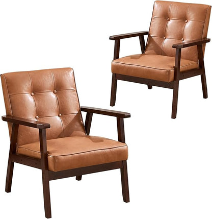 ANJ Mid Century Modern Accent Chair Set of 2 for Living Room, Tufted Faux Leather Armchair, Comfy Retro Bedroom Side Chair with Dark Wood Frame, Orange Brown