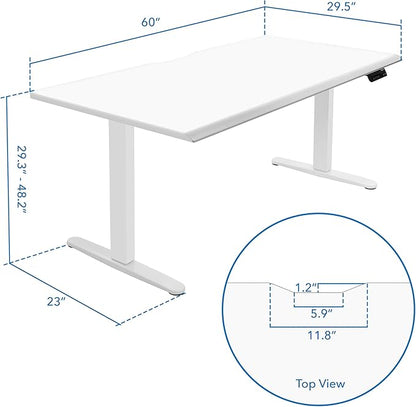 Mount-It! 60" Electric Standing Desk – White Adjustable Height Sit Stand Desk with One-Piece Desktop, Memory Presets, Ergonomic Beveled Edge, White Frame & White Top