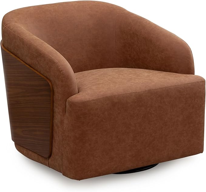 Swivel Accent Chair Faux Leather Swivel Barrel Chair Comfortable Mid Century Modern Chair Upholstered Metal Base Armchair for Living Room Bedroom Office Large Vintage Brown
