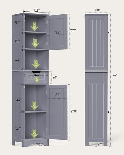 Gizoon 67" H Tall Bathroom Cabinet, Storage Cabinet with 2 Doors & Drawer, Narrow Linen Tower Freestanding Adjustable Shelves for Home, Kitchen, Versatile, Anti-Tipping, Grey