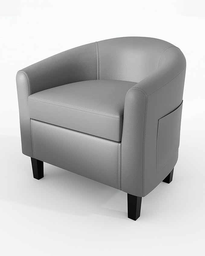 GarveeHome Accent Chairs Faux Leather Chairs Barrel Club Chairs Comfy Living Room Chairs with Sturdy Legs for Bedroom Reading Room Waiting Room(Gray)