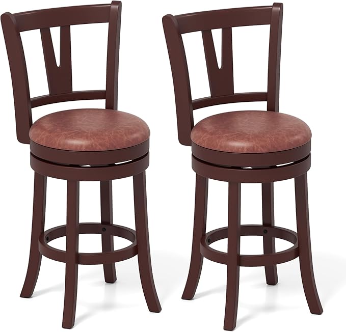 COSTWAY Barstools Set of 2, Faux Leather Upholstered Bar Stools with High Backs and Footrests, Armless Kitchen Island Dining Chairs with Solid Wood Legs, Cappuccino (2, 26'' Seat Height)