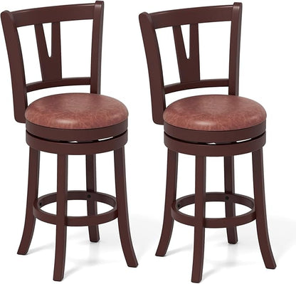 COSTWAY Barstools Set of 2, Faux Leather Upholstered Bar Stools with High Backs and Footrests, Armless Kitchen Island Dining Chairs with Solid Wood Legs, Cappuccino (2, 26'' Seat Height)