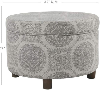HomePop Home Decor | Upholstered Round Storage Ottoman | Ottoman with Storage for Living Room & Bedroom (Light Grey Medallion) Large