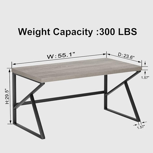 HSH Gray Computer Desk, Industrial Wood and Metal Home Office Desk, Farmhouse Rustic PC Laptop Desk for Executive Work Writing Study Gaming, Modern Simple Bedroom Computer Table, Light Grey Oak, 55 In