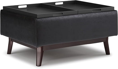 SIMPLIHOME Owen 34 inch Wide Mid Century Modern Rectangle Tray Top Small Coffee Table Storage Ottoman in Distressed Black Vegan Faux Leather, Assembled, for the Living Room, Entryway and Family Room