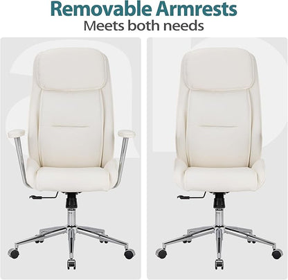 High Back Office Desk Chair,Ergonomic Reclining Office Chair,Modern Swivel Computer Chair,Conference Room Chairs,Cream White Leather Chair with Lumbar Support,330lbs