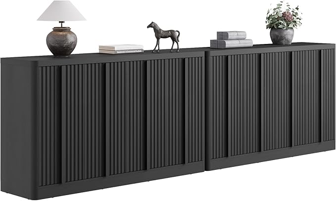 Fluted Buffet Cabinet with Storage, 120"Sideboard Buffet Cabinet with 8 Door, Modern Credenza Storage Cabinets with Adjustable Shelves, Solid Wood Handles for Kitchen, Dining, Living Room, Black(2PC)