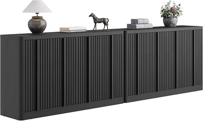 Fluted Buffet Cabinet with Storage, 120"Sideboard Buffet Cabinet with 8 Door, Modern Credenza Storage Cabinets with Adjustable Shelves, Solid Wood Handles for Kitchen, Dining, Living Room, Black(2PC)
