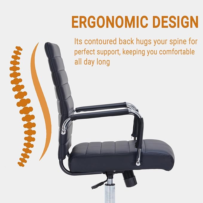 Sidanli Ergonomic Office Chair, Executive PU Leather Desk Chair with Adjustable Lumbar Support and Smooth-Rolling Wheels for Home Office Conference Room, Mid Back, Black