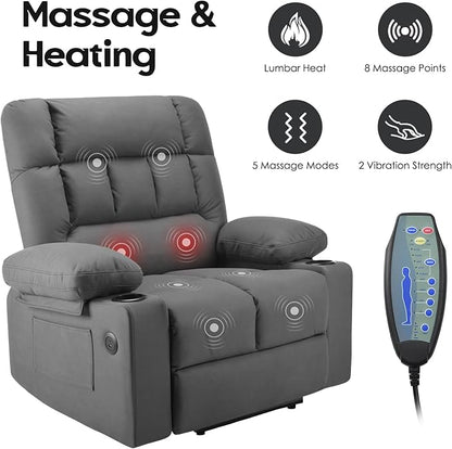 Soohow Oversized Power Lift Recliner Chair with Massage and Heat for Elderly Big and Tall, Large Fabric Recliner Wide Electric Recliner Chair with USB Ports, Cup Holders, Side Pockets