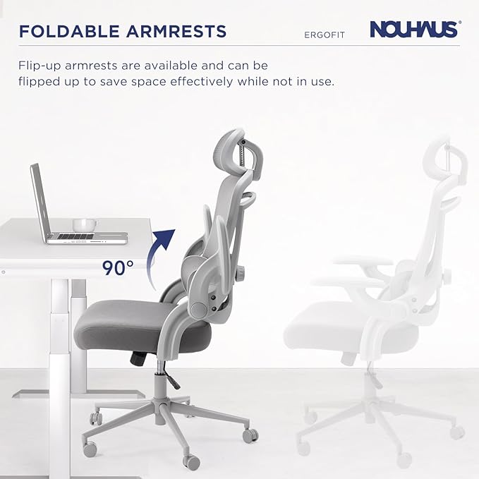 Nouhaus Ergo Fit Ergonomic Mesh Office Chair High Back Adjustable Lumbar Support Headrest and Adjustable Flip-up Armrests, Comfy Desk Chairs Swivel Computer Gaming Chair Tilt Function(N20, Grey)