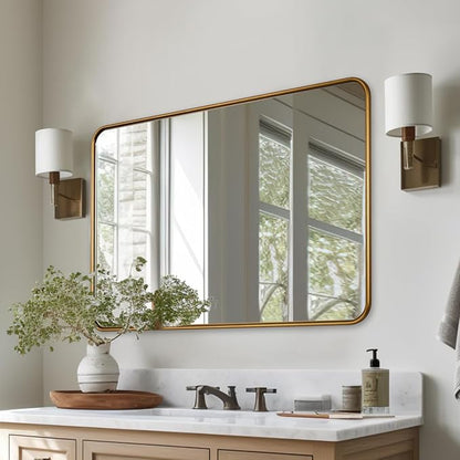 ANDY STAR Bathroom Mirror for Wall, 30x40 Inch Gold Rectangle Mirror for Bathroom with Rounded Corner, Modern Brushed Brass Vanity Rectangular Mirrors with Tube Metal Frame, Wall Mounted