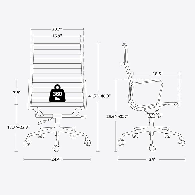 Ribbed Office Chair with Top Grain Leather - High Back Ergonomic Desk Chair with Aluminum Arm Rest and 5-Star Base, Swivel Chairs Light Green