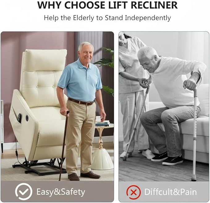 PELUMY Manual Lift Recliner Chair with Massage and Heat for Elderly, Single Motor Electric Lift Chair, Heavy Duty Recliner with USB Charging & Side Pockets (Breathable Leather, Beige)