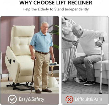 PELUMY Manual Lift Recliner Chair with Massage and Heat for Elderly, Single Motor Electric Lift Chair, Heavy Duty Recliner with USB Charging & Side Pockets (Breathable Leather, Beige)