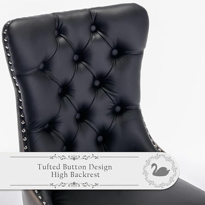 Leather Upholstered Dining Chairs Set of 4, Modern Style Kitchen Side Chairs with Nailhead Trim and Wood Leg, Metal Pulling Ring for Dining Room Living Room(Black&Grey,Set of 4)