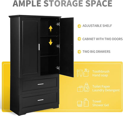 Polibi Tall Storage Cabinet with 2 Drawers, 3-Tier Adjustable Shelves & 2 Doors, Floor Free-Standing Cabinet for Bathroom, Living Room, Black, 63.2" H*32" W