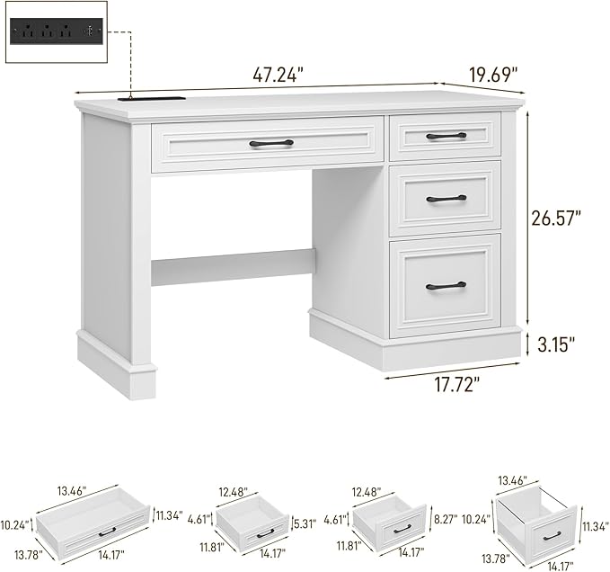 Vabches Farmhouse 47" Executive Desk, Computer Desk with Drawers and File Drawer, Workstation Computer Desk with Charging Station for Home Office,Study,Cream White.