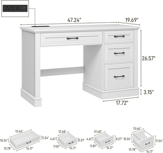Vabches Farmhouse 47" Executive Desk, Computer Desk with Drawers and File Drawer, Workstation Computer Desk with Charging Station for Home Office,Study,Cream White.