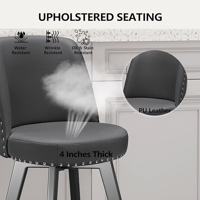 MINCETA Bar Stool, PU Leather Barstool, 26 Inch Upholstered Counter Stool with High Back and Footrest, Swivel Counter Height Barstool for Kitchen Island Home Bar Dark Gray