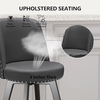 MINCETA Bar Stool, PU Leather Barstool, 26 Inch Upholstered Counter Stool with High Back and Footrest, Swivel Counter Height Barstool for Kitchen Island Home Bar Dark Gray