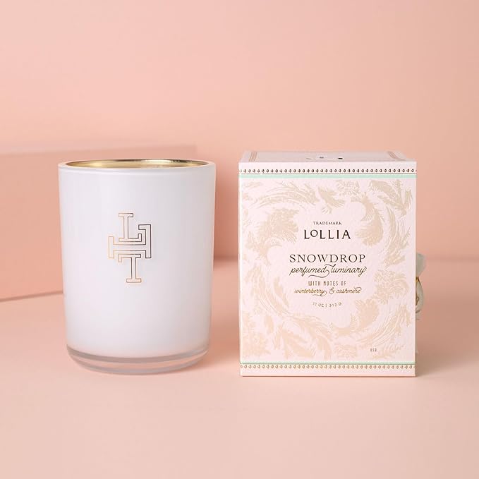 Lollia Snowdrop Luminary, 11 oz, 312 g, Winterberry & Cashmere Scented Soy Candle, 70 Hour Long Lasting Burn Time, Luxury Home Fragrance & Aromatherapy Decor