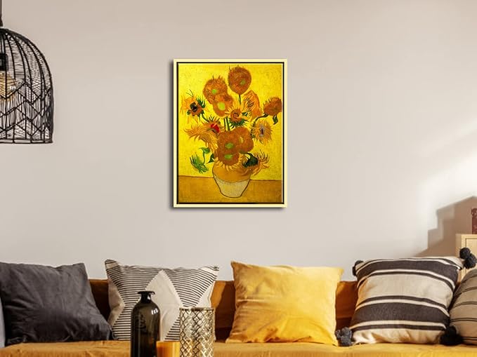Wieco Art Framed Canvas Wall Art Vase with Fifteen Sunflowers by Van Gogh Classic Oil Paintings Abstract Flowers Canvas Prints for Home Decor Modern Framed Floral Picture Artwork