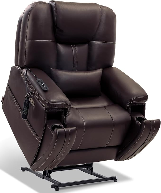 EONIX Triple Motor Lay Flat Power Lift Recliner Chair for Elderly with Adjustable Headrest, 400lbs Electirc Lift Chair for Living Room, Lumbar Pillow, Extended Footrest, Dark Brown