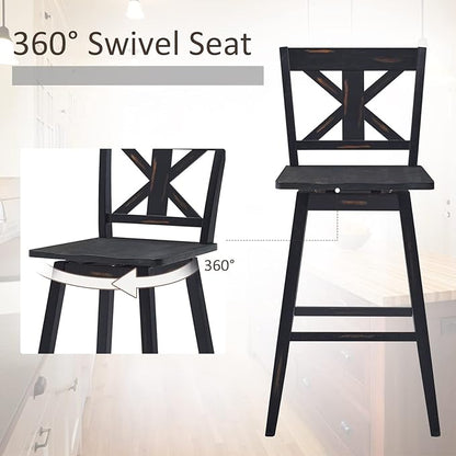 COSTWAY Bar Stools Set of 2, 360 Degree Swivel, 29-inch Height Chairs w/Non-Slip Foot Pads, Rubber Wood Bar Chairs, Vintage Bar Stools for Home, Restaurant (Black)