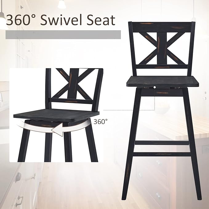 COSTWAY Bar Stools Set of 4, 360 Degree Swivel, 29-inch Height Chairs w/Non-Slip Foot Pads, Rubber Wood Bar Chairs, Vintage Bar Stools for Home, Restaurant (Black)