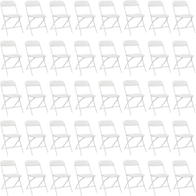 40 Pack White Plastic Folding Chairs, Portable Party Chairs, Stackable Commercial Seats with Steel Frame for Home Office Wedding Party Indoor Outdoor Events Chairs, 350lbs Capacity