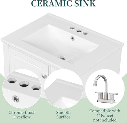 24 Inch Bathroom Vanity with Sink, Freestanding Bathroom Sink Cabinet with 3 Drawers and Storage Door Rack Organizer, Solid Wood Legs, White