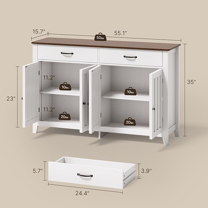 Gizoon 55" Buffet Cabinet with Storage, Sideboard Buffet with Drawers and Doors, Kitchen Storage Cabinet, Kitchen Pantry Adjustable Shelf, Metal Handle, Anti-Dumping, R Angle, Retro