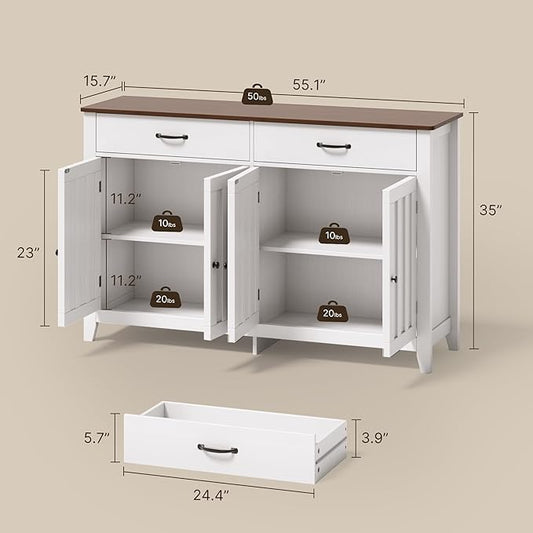 Gizoon 55" Buffet Cabinet with Storage, Sideboard Buffet with Drawers and Doors, Kitchen Storage Cabinet, Kitchen Pantry Adjustable Shelf, Metal Handle, Anti-Dumping, R Angle, Retro