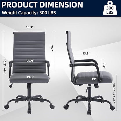 Office Chair, Ergonomic Executive Conference Room Chairs, Ribbed Leather Desk Chair with Lumbar Support, Adjustable Height Mid-Back Swivel Chair with Padded Seat and Square Tube Armrests