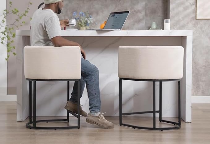 Contemporary Cream Linen Bar Stool, 24" Upholstered Fabric Counter Height Barstool Kitchen Counter Island Stool with Screwed Together Black Metal Base
