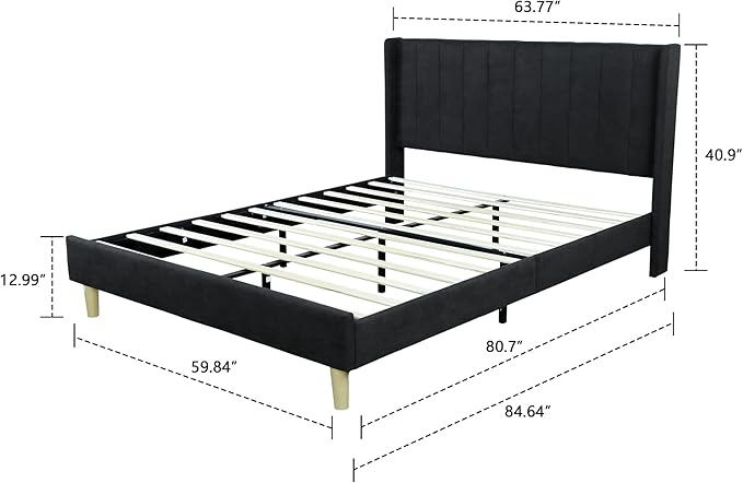 Low Profile Upholstered Platform Bed,Full Beds with Black(Linen)