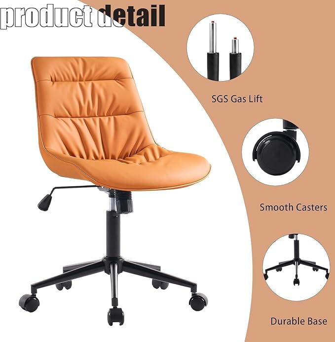 Rowill Leather Office Chair,Ergonomic Armless Desk Chair with Waterproof Cushion & Slient Wheels & SGS-Certified Class 3 Explosion-Proof Gas Lift,Ideal for Home Office,Study,Vanity(Brunt Orange)