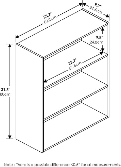 Furinno PASIR Book Shelf, 3-Tier Bookshelf, Storage Shelves Bookcase, 9.7 x 23.7 x 31.5, for Living Room, Bedroom, Home Office, Sonoma Oak