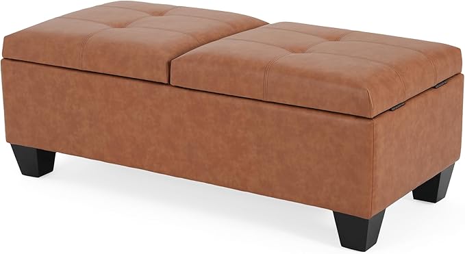 Christopher Knight Home Lanister Faux Leather Upholstered Storage Ottoman Bench, Wooden Rectangular Ottoman with Storage, Living Room Ottoman Coffee Table, Sofa Footstool, Tan Brown