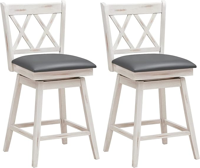 COSTWAY Bar Stool Set of 2, 360° Swivel Counter Height 25inch Bar Stool with Foot Rest Upholstered Cushion & Ergonomic Backrest, Sturdy Frame, for Pub, Kitchen Islands (2, Antique White + Grey)
