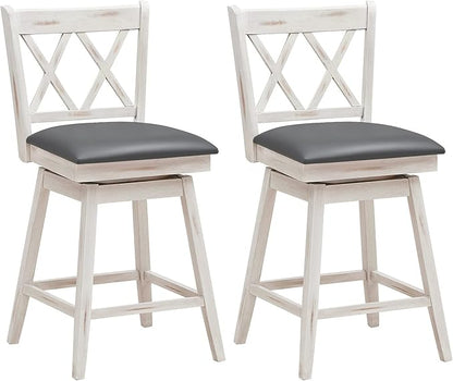 COSTWAY Bar Stool Set of 2, 360° Swivel Counter Height 25inch Bar Stool with Foot Rest Upholstered Cushion & Ergonomic Backrest, Sturdy Frame, for Pub, Kitchen Islands (2, Antique White + Grey)