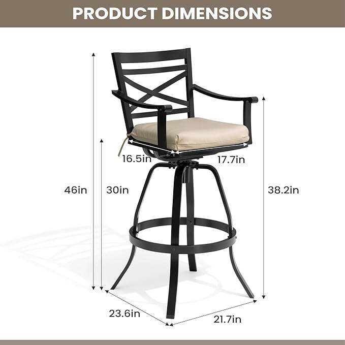 Pellebant 30" Sunbrella Outdoor Bar Stools Set of 6, Aluminum Swivel Patio Bar Height Bar Stools with Back & Footrest, for Deck Lawn Garden(Canvas Antique Beige)