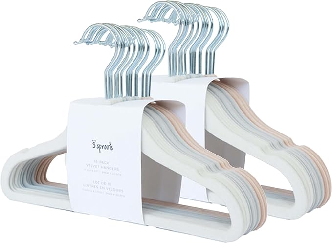 3 Sprouts Velvet Baby Hangers - Non-Slip Hanger for Infant, Toddler, Baby Clothes - Closet Kids Hangers with Slim Design, Nordic Colors, Pack of 30 - Assorted Cream, Grey, Hazelnut